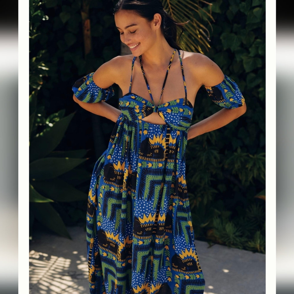 Anthropologie João Incerti Strappy Cutout Bandeau Maxi Dress Blue Motif Size S